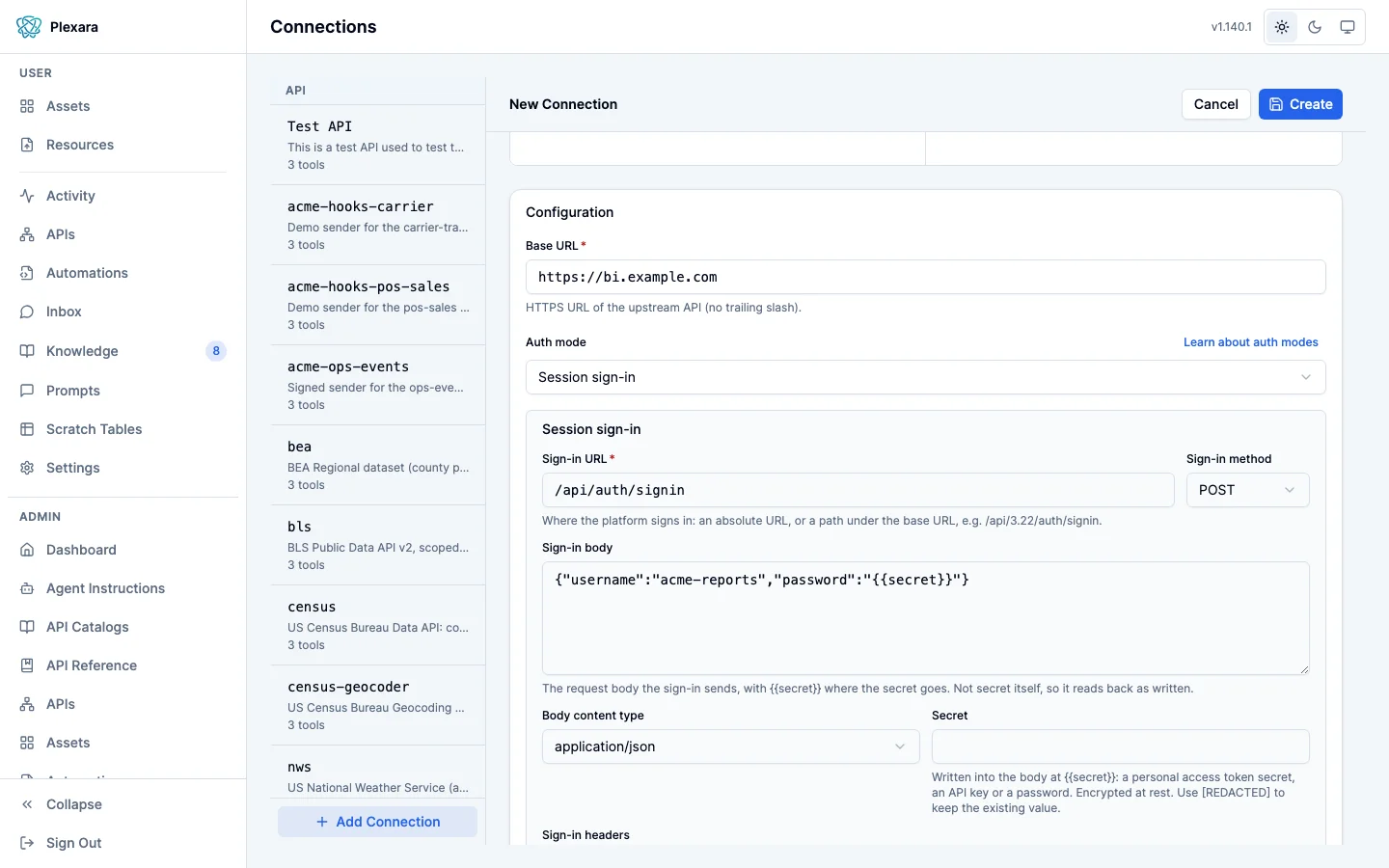 A New Connection form, not saved, for an API at https://bi.example.com with Auth mode Session sign-in: sign-in URL /api/auth/signin with method POST, a JSON sign-in body with a {{secret}} placeholder, application/json body content type, an empty Secret field, and an Accept header for the sign-in request.