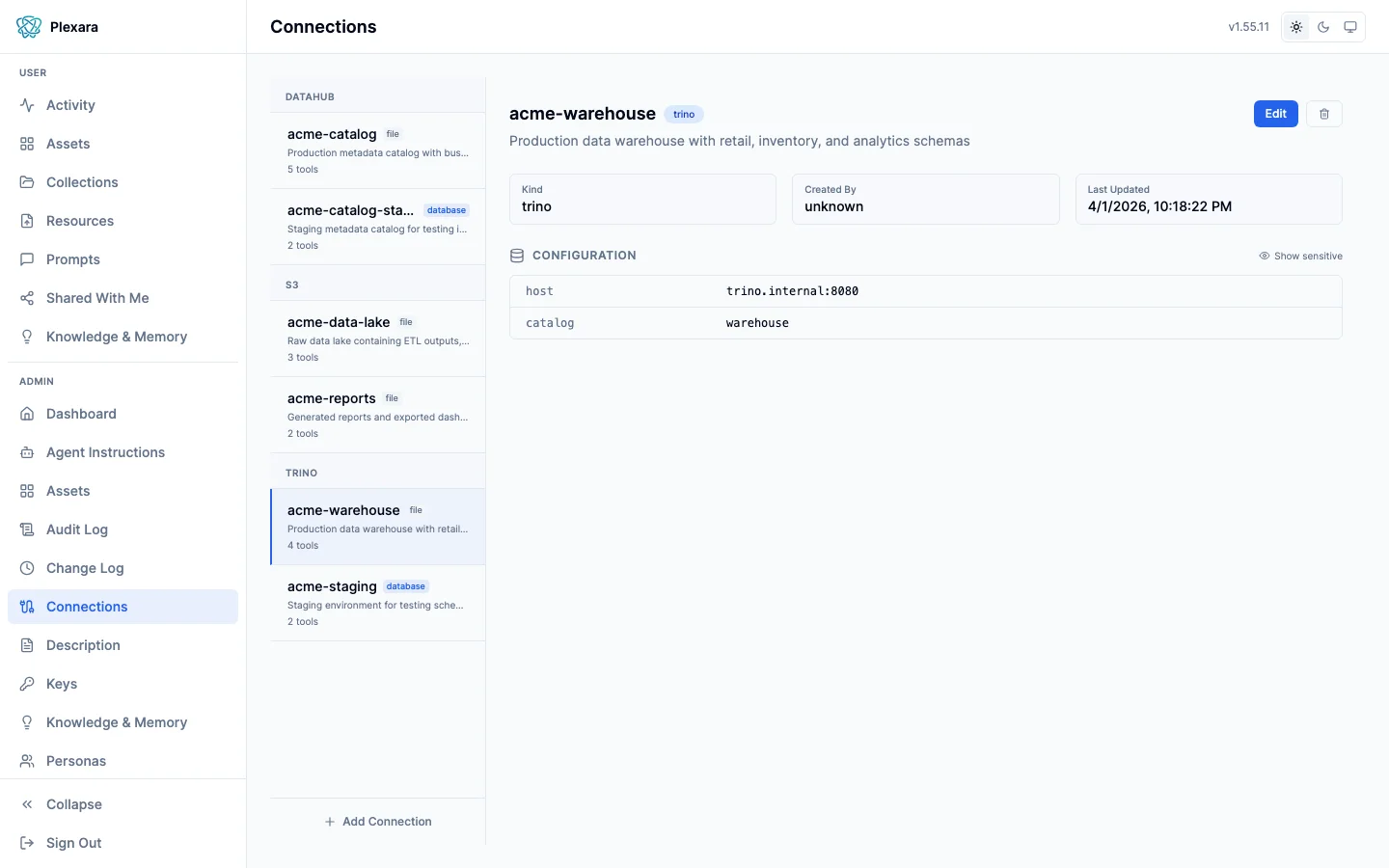 Connections panel showing configured data sources grouped by type with configuration details
