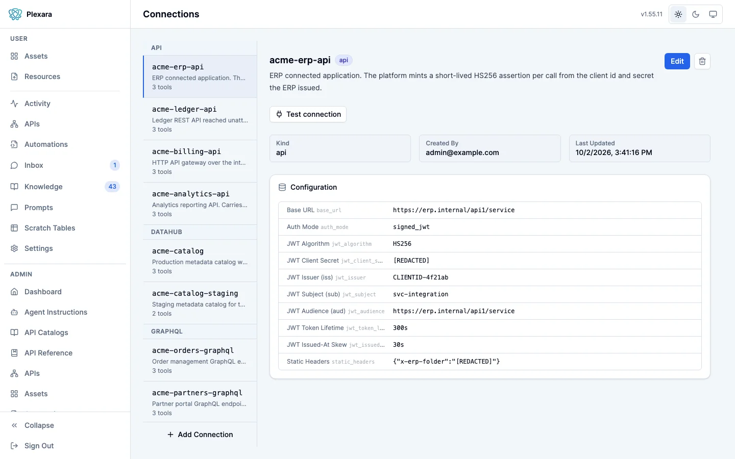 The Connections admin screen with connections grouped by kind in a left column, DataHub, MCP, S3, and Trino, and a DataHub catalog connection selected on the right showing its description, kind, creator, last updated time, and Edit and delete buttons