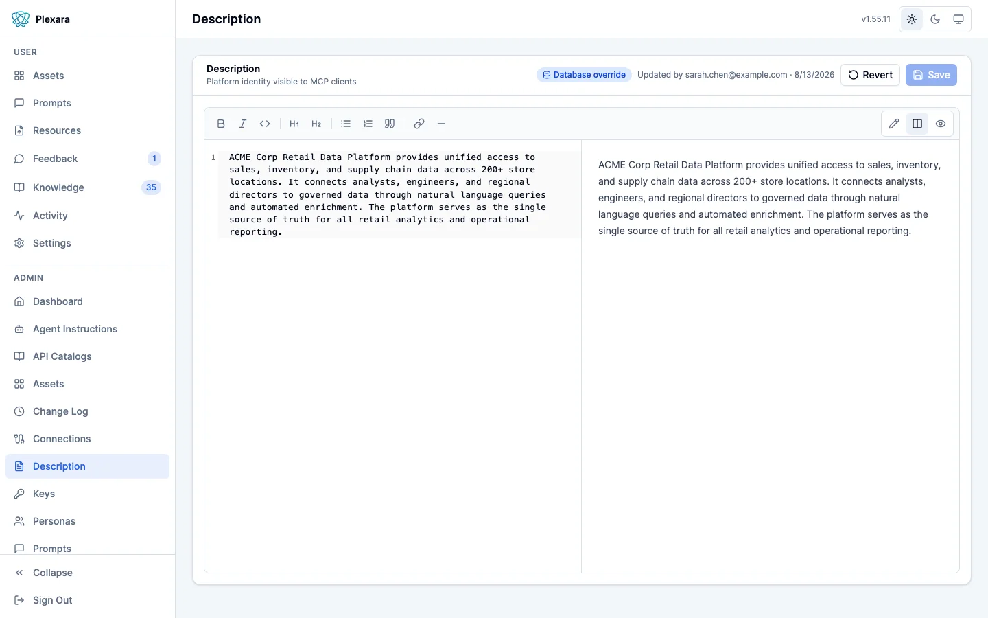 Description page with a split markdown editor showing source and live preview