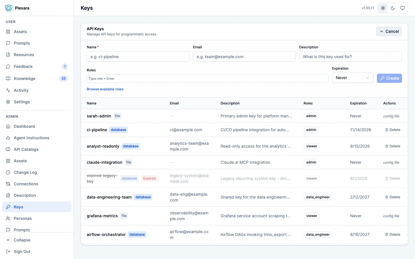 The Keys admin screen with the Add Key form expanded above the table, showing name, email, and description fields, a roles input with a Browse available roles link, an expiration picker set to Never, and a Create button