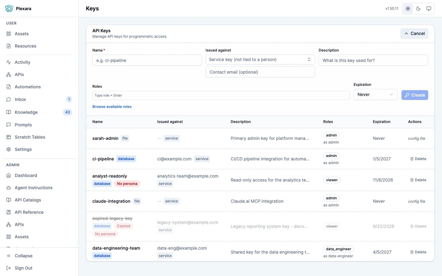 The Keys admin screen with the Add Key form expanded above the table, showing name, email, and description fields, a roles input with a Browse available roles link, an expiration picker set to Never, and a Create button