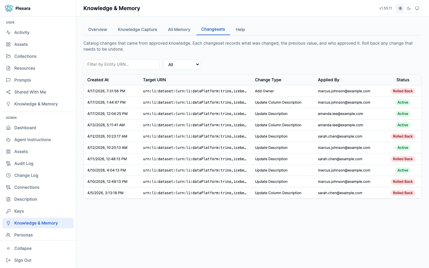 Changeset history showing metadata modifications with rollback capabilities