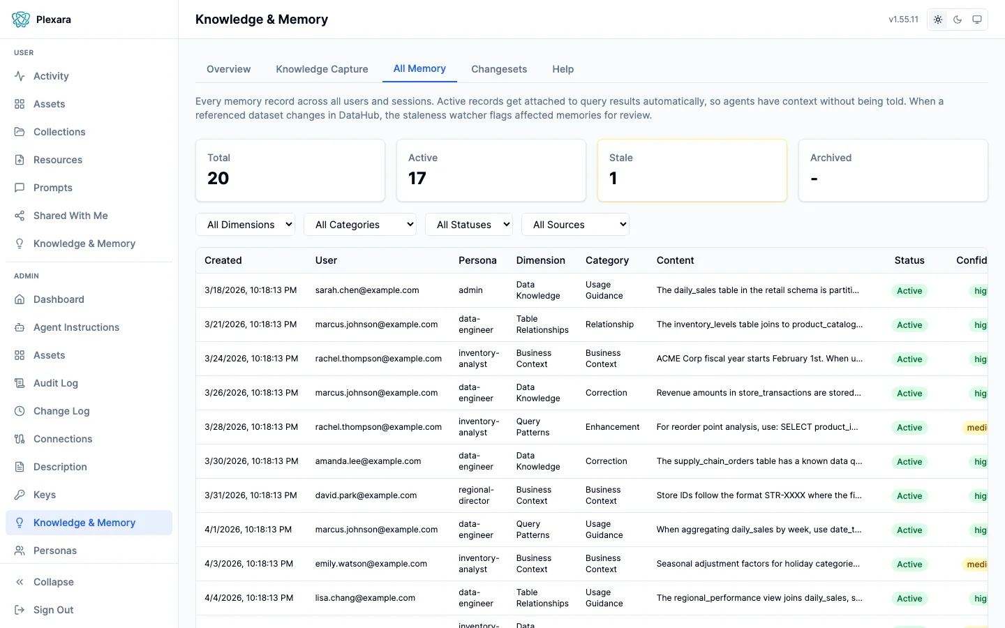 Memory records showing stored domain knowledge with dimensions, categories, and verification status
