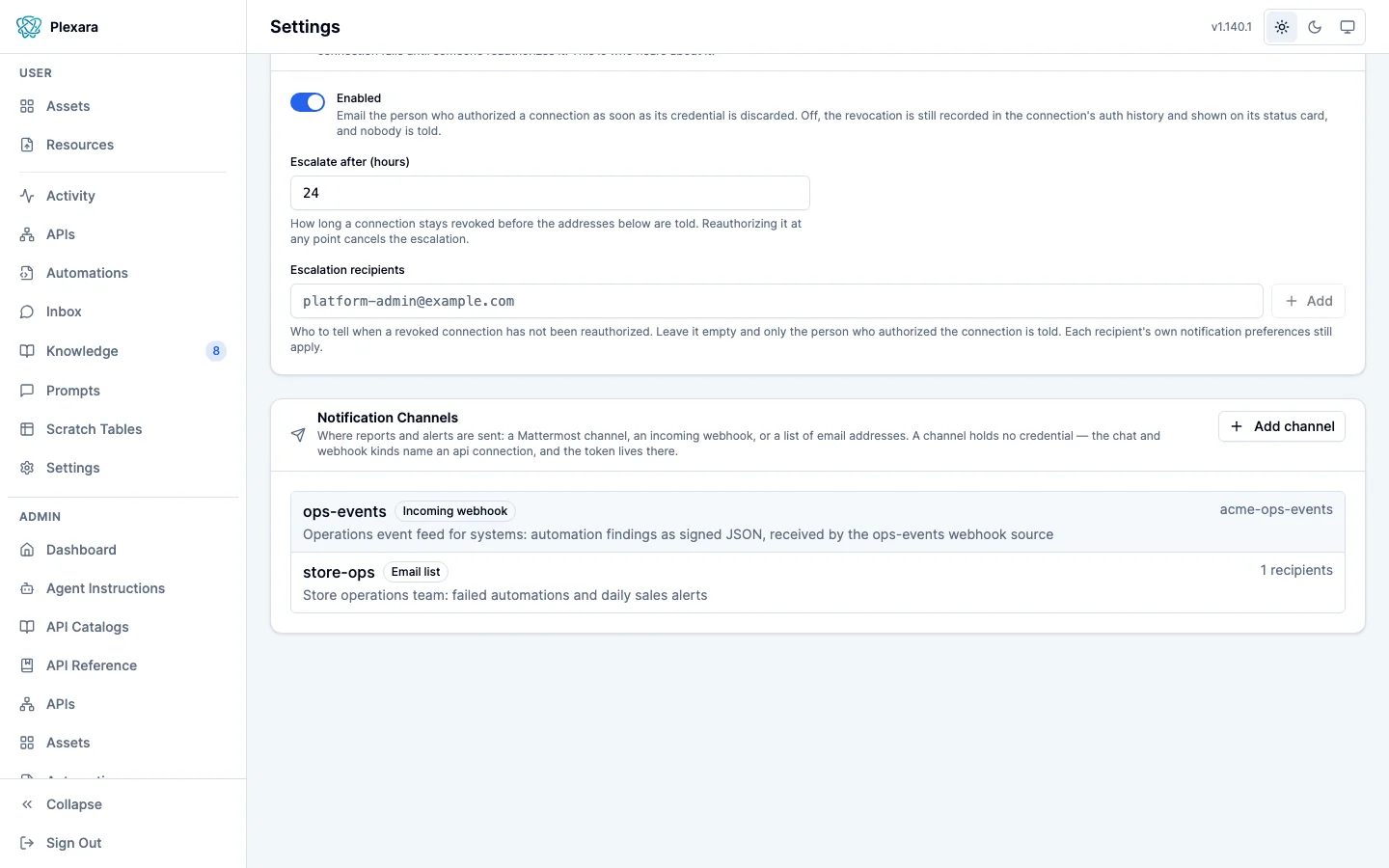 The Notification Channels card in the portal’s admin settings, listing ops-events, an incoming webhook delivering through the acme-ops-events connection, and store-ops, an email list with one recipient, each with its description.