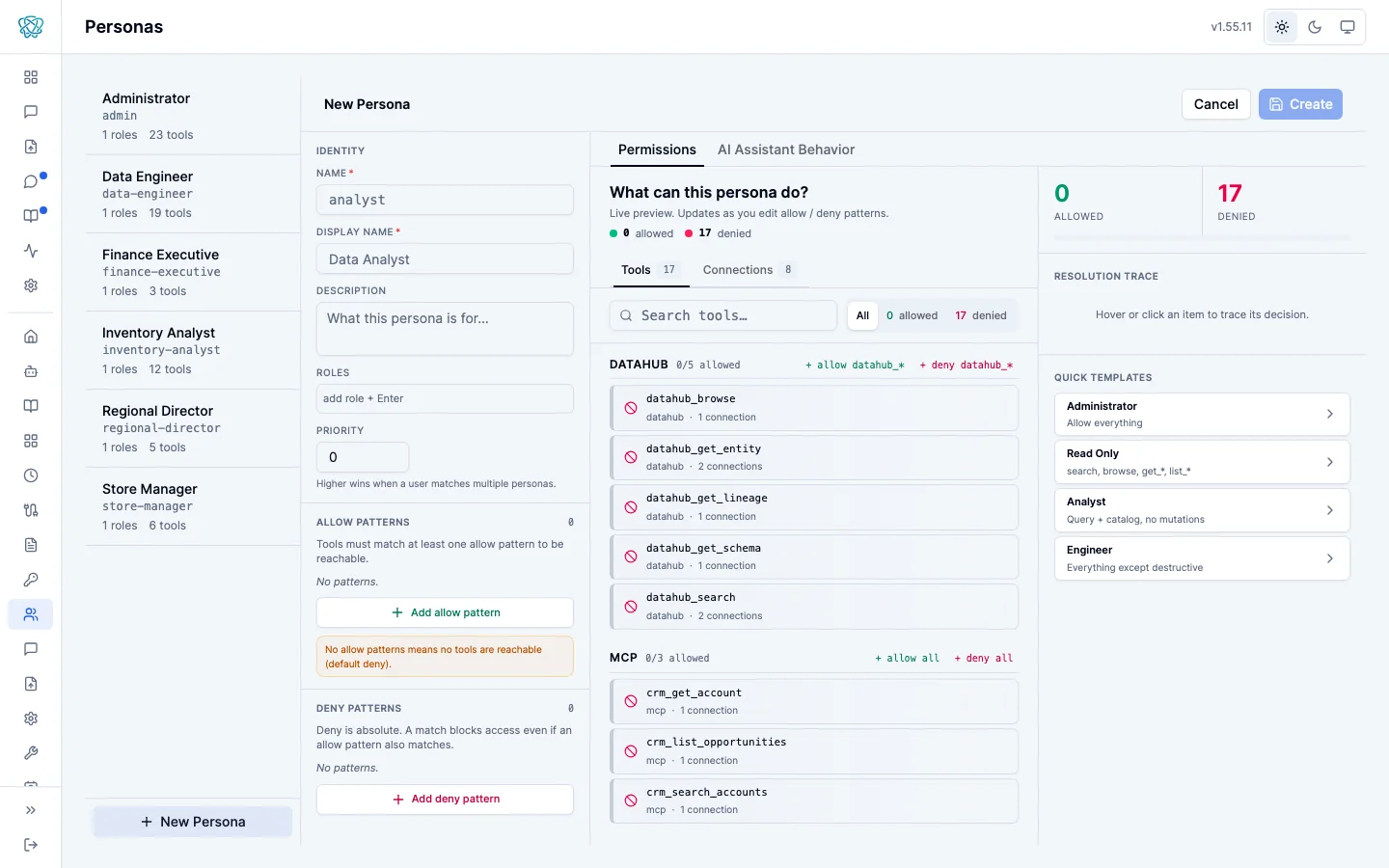 Persona editor with an identity panel beside a live permissions explorer showing resolved tools and a rule trace