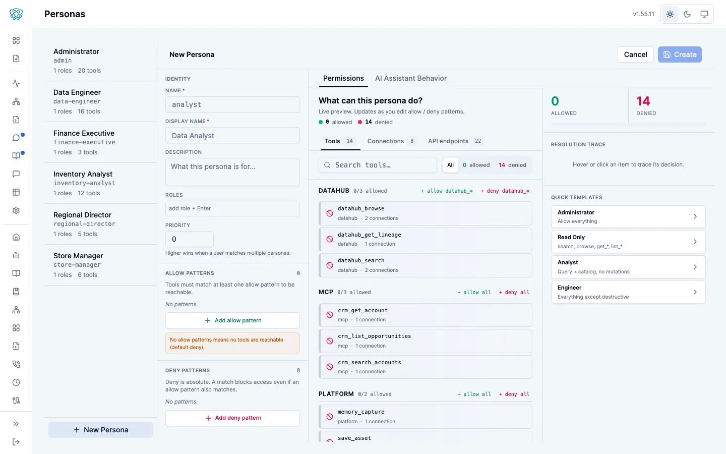The admin Personas page in its New Persona state: a form with the name analyst and display name Data Analyst, empty description and roles, priority 0, no allow patterns with a warning that no allow patterns means no tools are reachable, and a permissions preview showing 0 allowed and 17 denied, with quick templates for Administrator, Read Only, Analyst, and Engineer on the right.