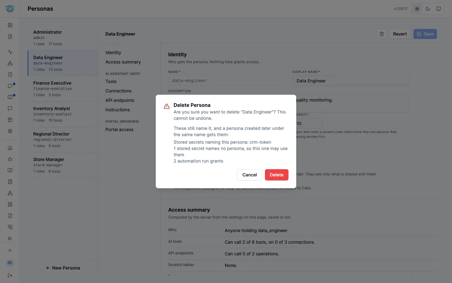 The Delete Persona confirmation over the persona editor: it warns the deletion cannot be undone and lists what still names the persona (a stored secret, a secret that names no persona, and two automation run grants) before Cancel and Delete.