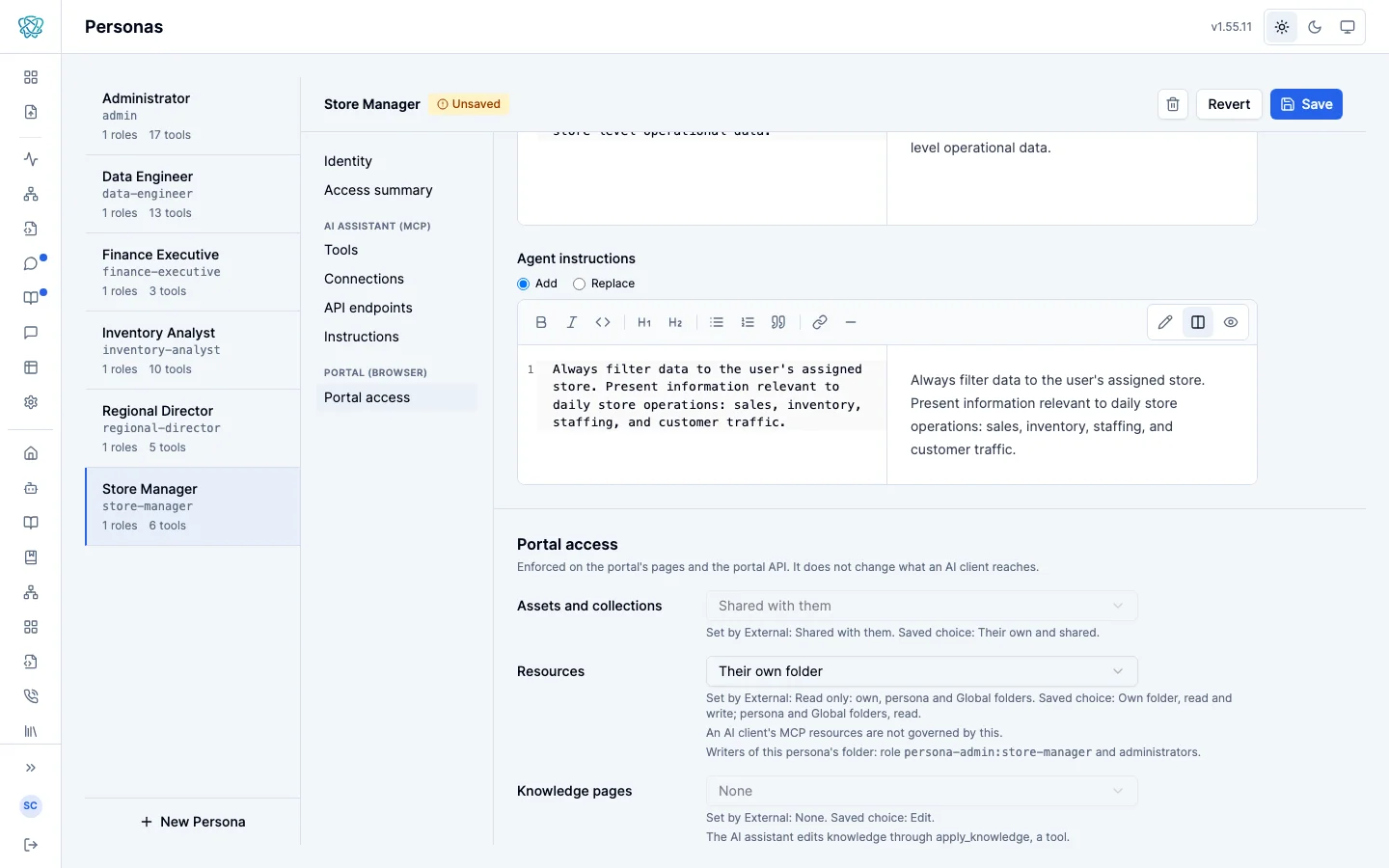 A persona switched to External people, unsaved: in Portal access, Assets and collections is locked to Shared with them and Knowledge pages to None, each noting that External sets it and showing the saved choice beside it, while Resources stays at their own folder.