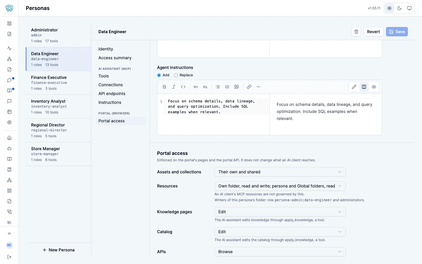 A persona's Portal access section: one setting per area, with Assets and collections set to their own and shared, Resources to their own folder with read access to the persona and Global folders, Knowledge pages and Catalog set to Edit, and APIs set to Browse.