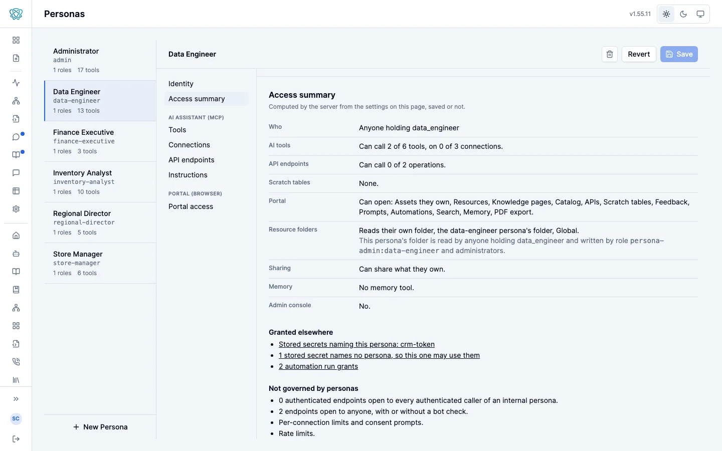 A persona's Access summary: who gets it, the AI tools and connections it reaches, its API endpoints, scratch tables, the portal areas it opens, its resource folders, Can share what they own, no memory tool, no admin console, then Granted elsewhere (stored secrets and automation run grants) and Not governed by personas (endpoints open to callers, limits).