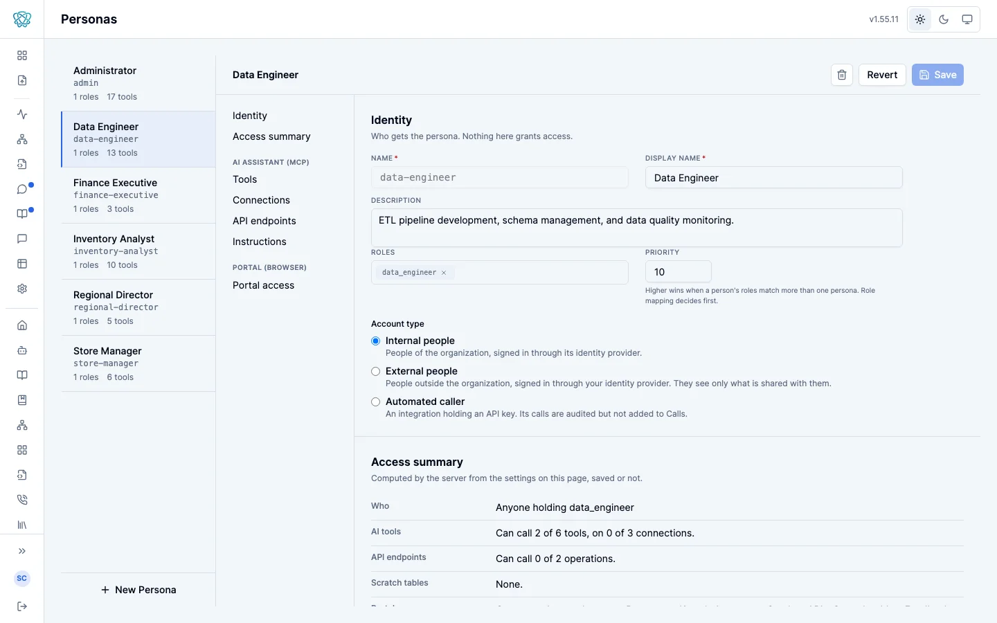 The persona editor with the Data Engineer persona open: a section index grouped into Identity, Access summary, AI assistant (MCP) and Portal (browser), the Identity section with roles, priority and an account type of Internal people, External people or Automated caller, and the start of the Access summary.