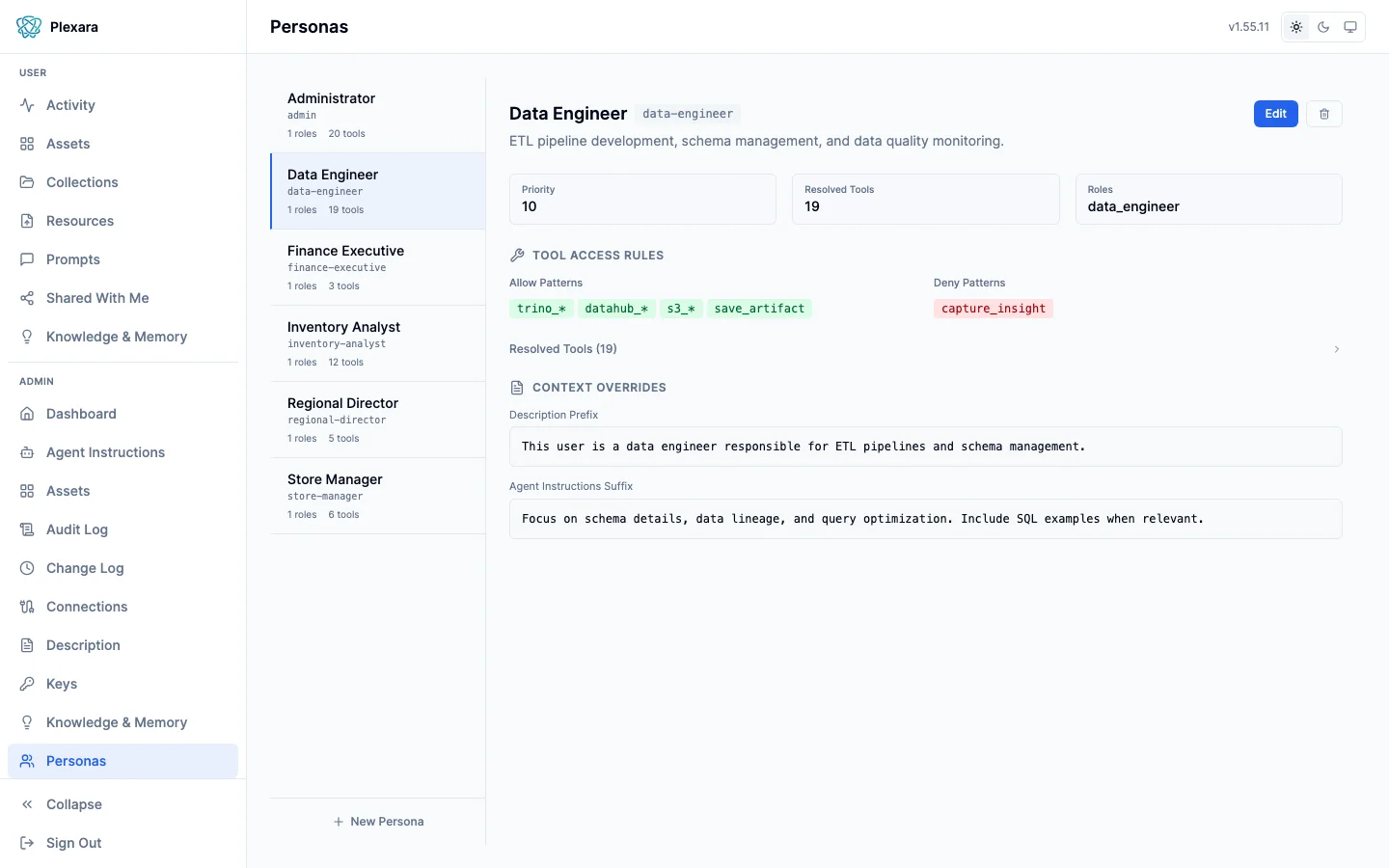 Persona configuration showing Data Engineer with tool allow/deny patterns and context overrides