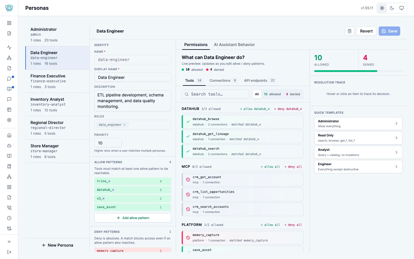 The Personas admin screen with a Data Engineer persona selected, showing its identity, roles, and priority on the left, allow and deny patterns below, and a live What can Data Engineer do preview listing each tool as allowed or denied with the pattern it matched