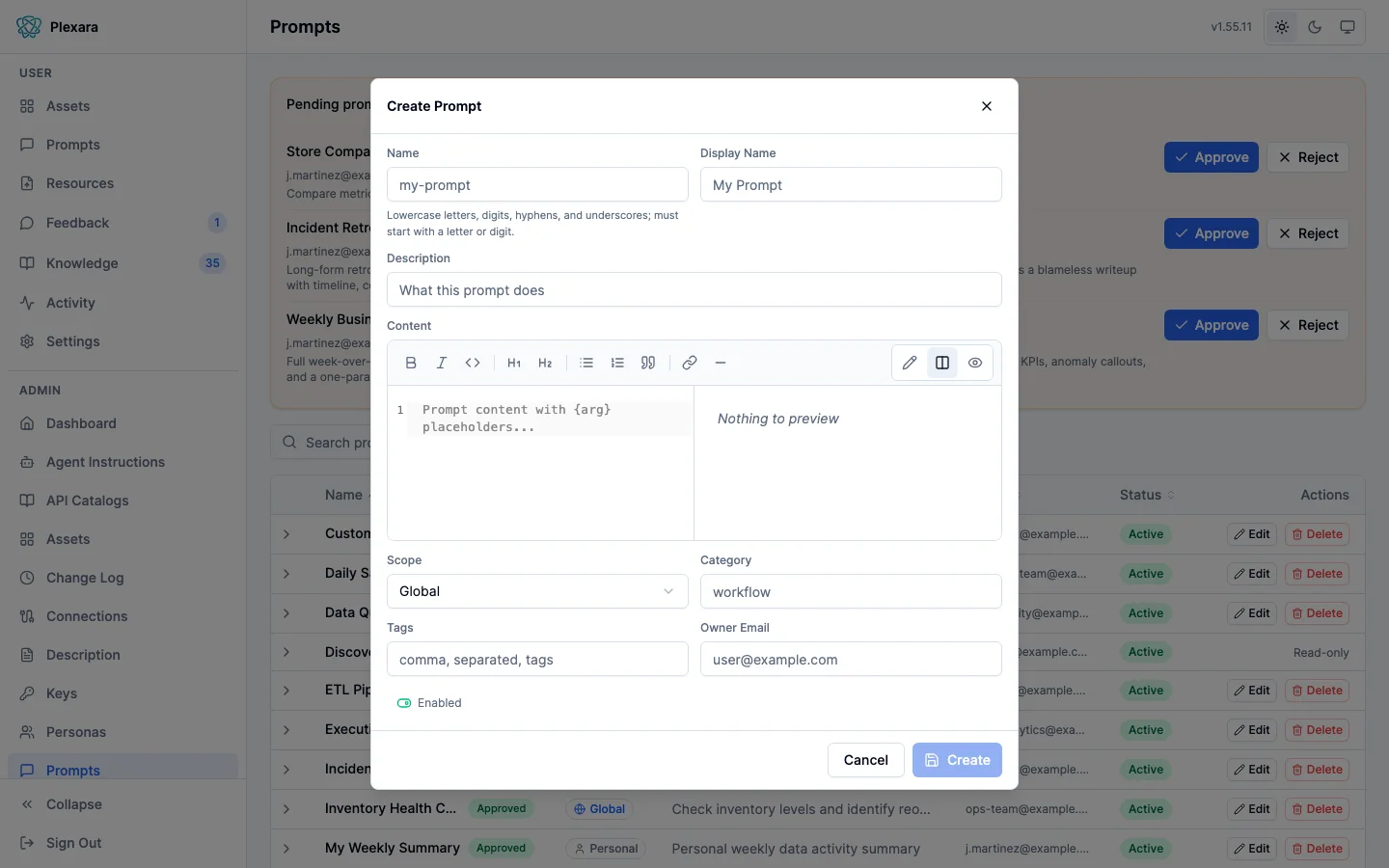 Prompt create form with a markdown editor, auto-extracted arguments, scope selector, and persona targeting