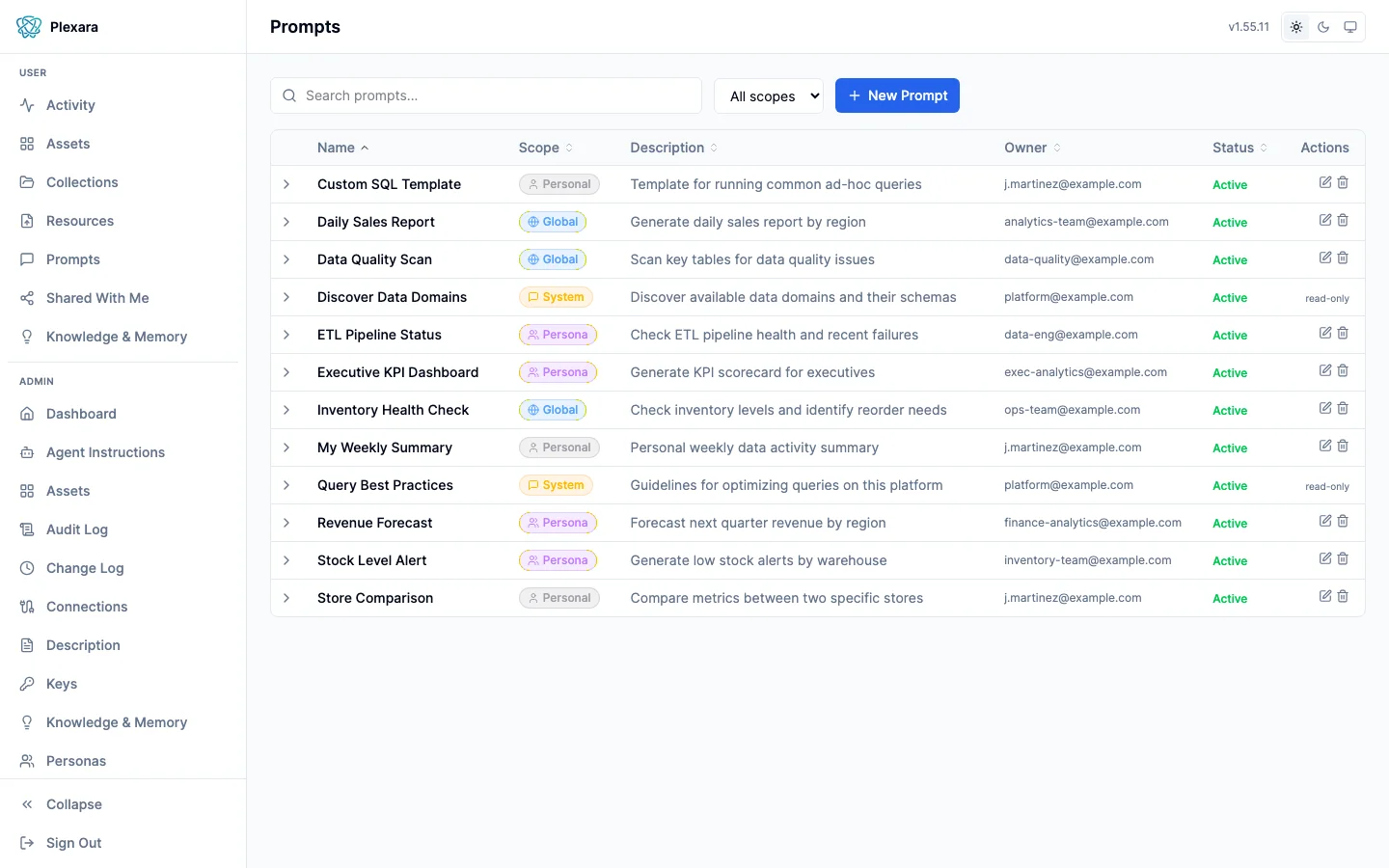 Prompt management showing personal and available prompts with scope badges and categories