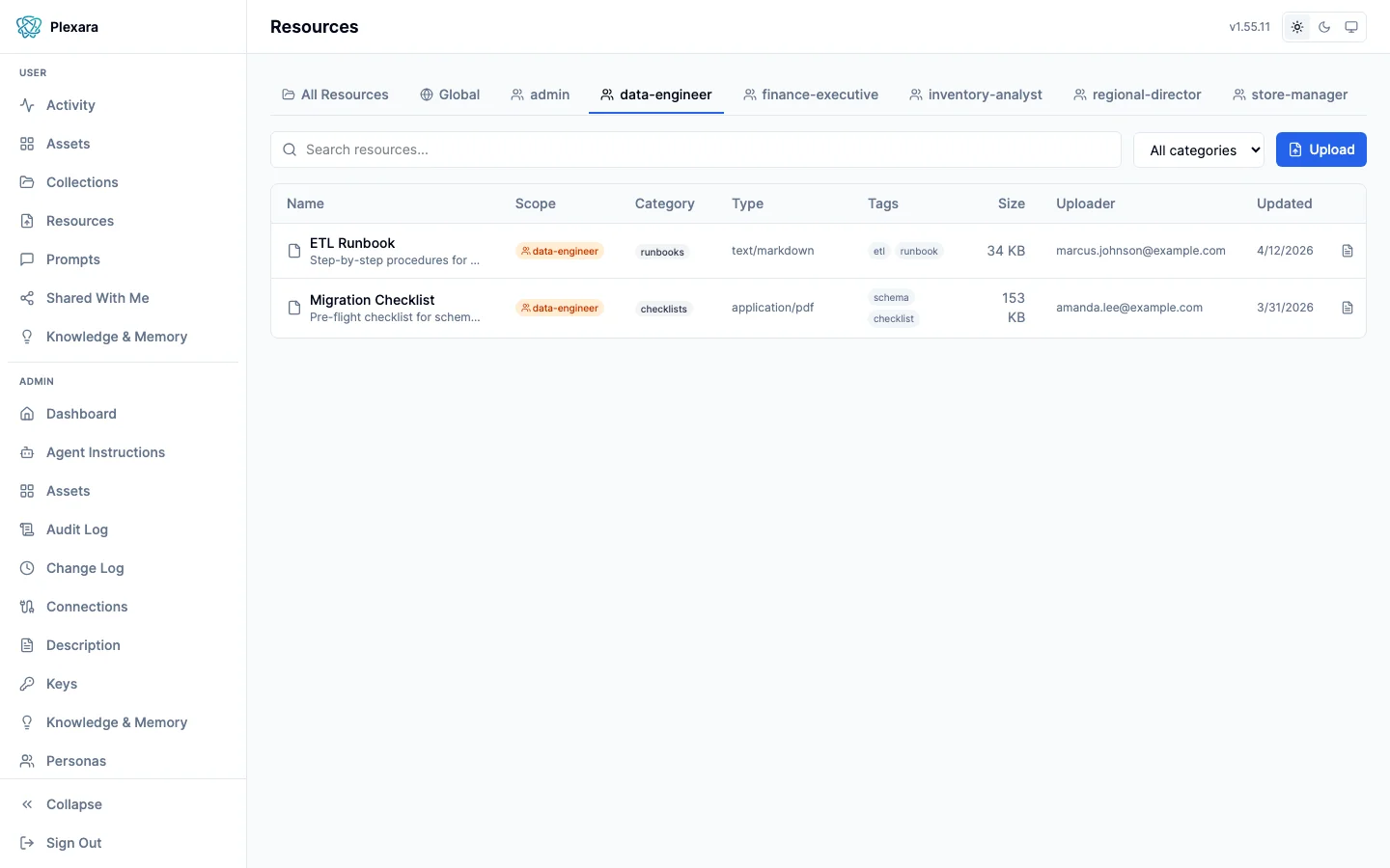 Resource library filtered by data-engineer persona showing runbooks and checklists