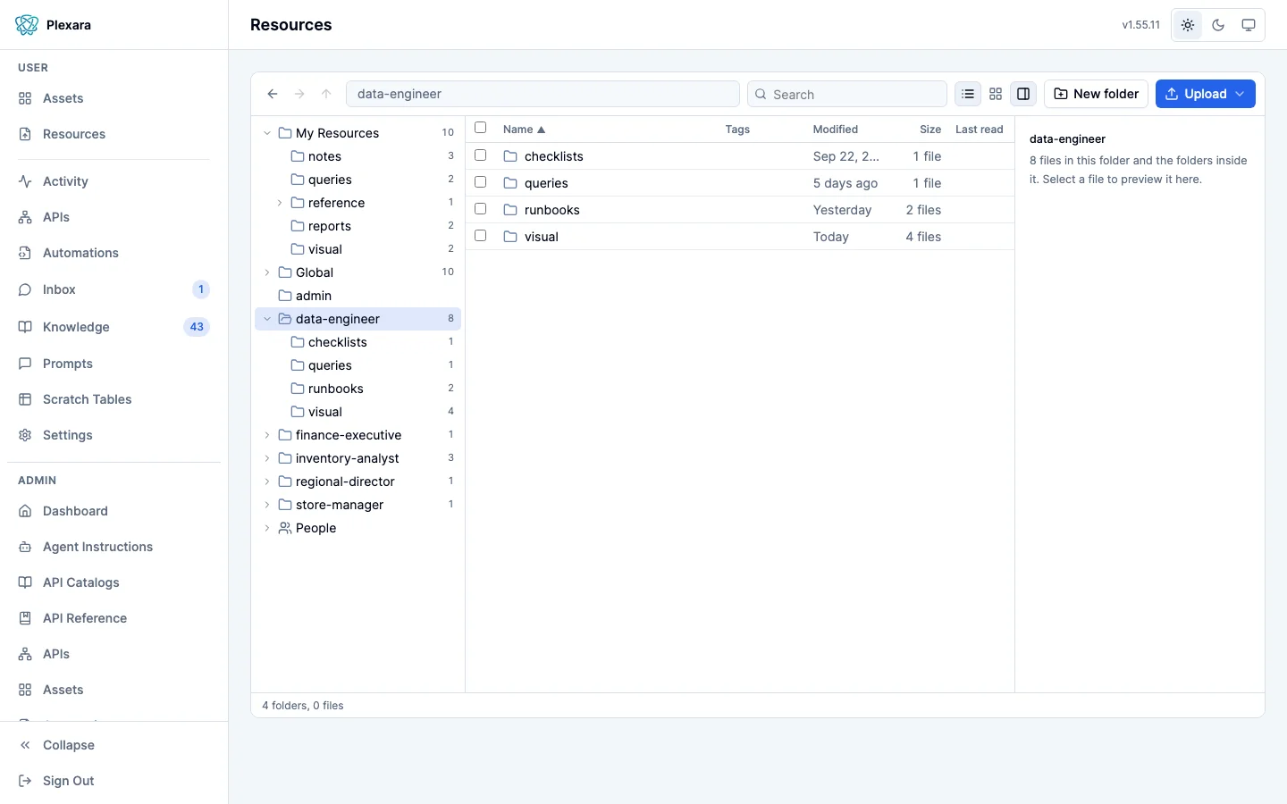 The admin Resources file manager on the data-engineer persona folder, showing its checklists, queries, runbooks, and visual subfolders with modified, size, and Last read columns, beside a folder tree that also holds global material, each persona, and People