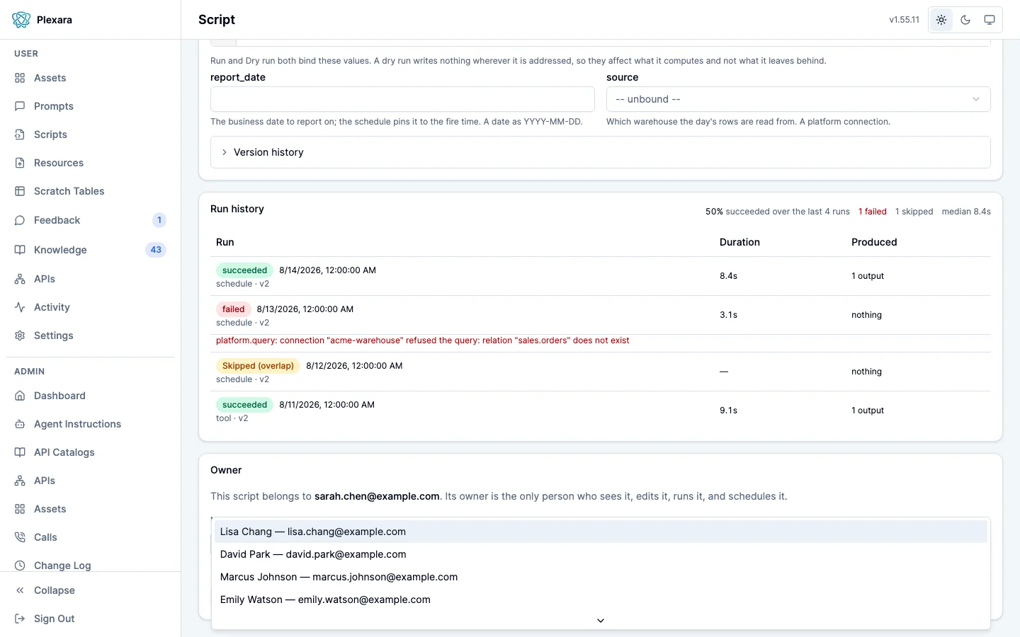 A script’s page opened by an administrator, with the Owner control for moving the script to another person, chosen from people who have signed in at least once.