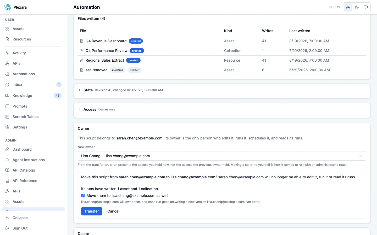 A script’s page opened by an administrator, with the Owner control for moving the script to another person, chosen from people who have signed in at least once.