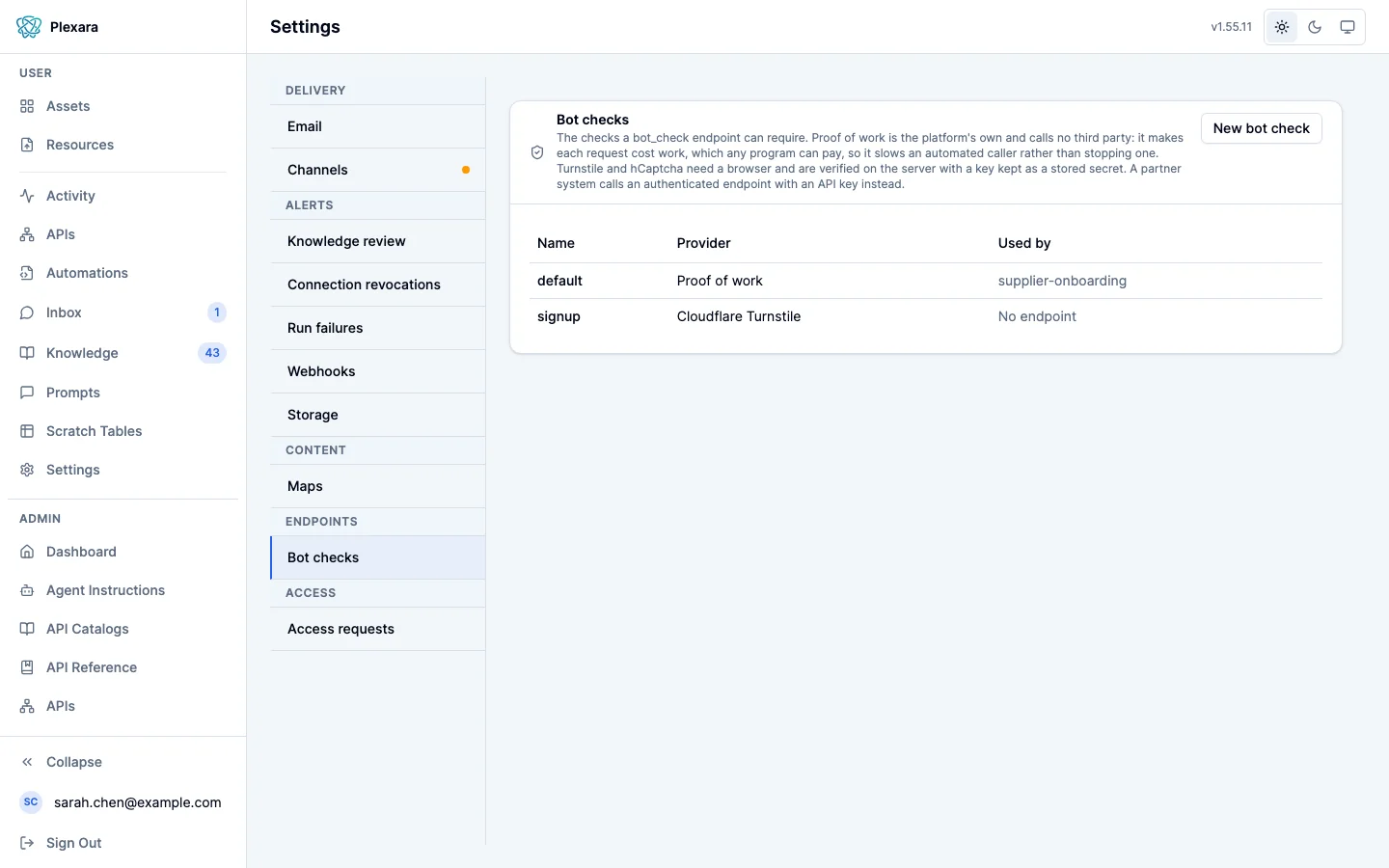 Admin > Settings > Bot checks: a note on what each provider does, a New bot check button, and two checks, a proof-of-work check used by the supplier-onboarding endpoint and a Cloudflare Turnstile check used by no endpoint.