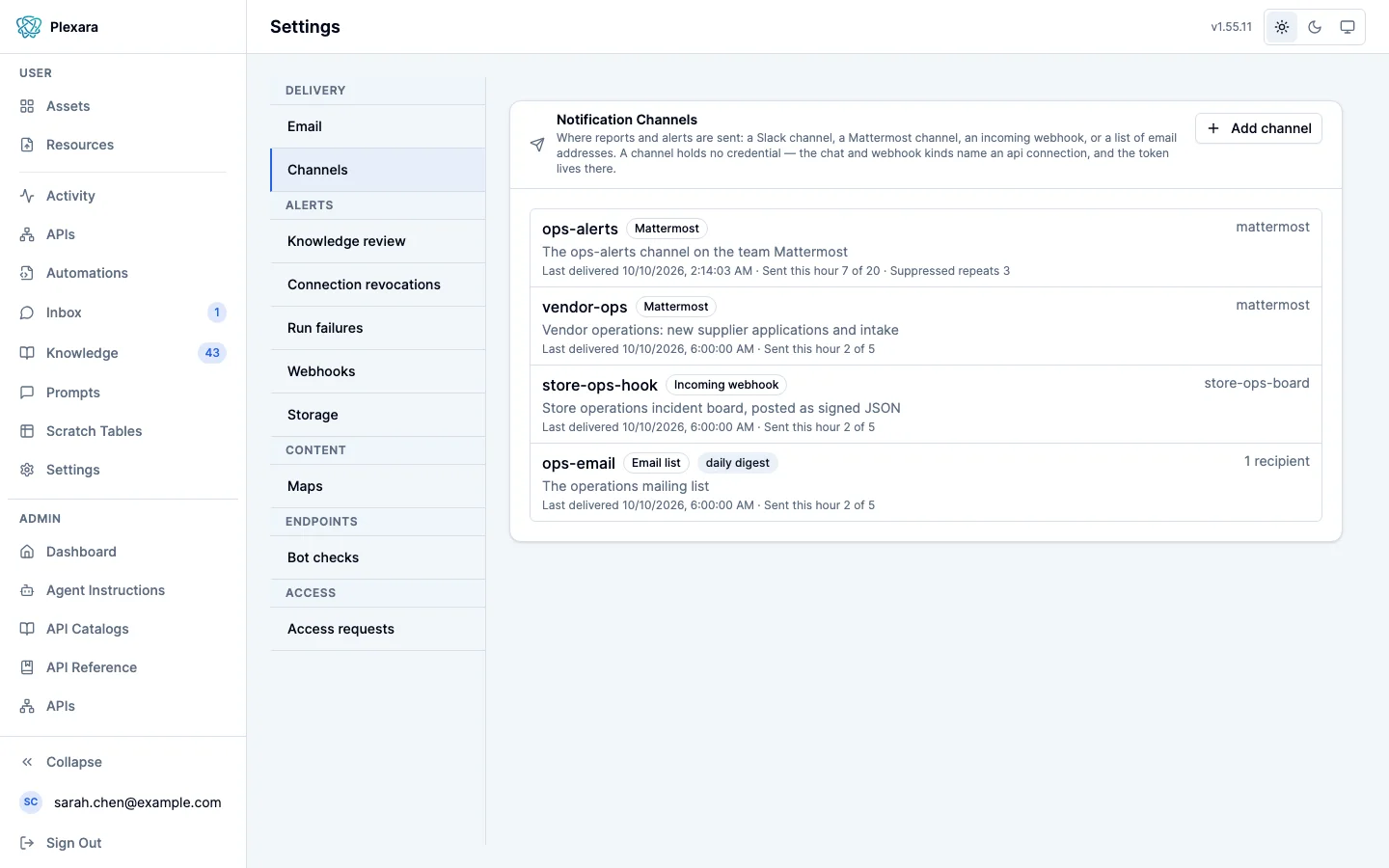 Admin > Settings > Channels: a note that a channel is a Slack channel, a Mattermost channel, an incoming webhook or a list of email addresses, an Add channel button, and four channels (two Mattermost, one incoming webhook, one email list on a daily digest), each with its last delivery and this hour's count.