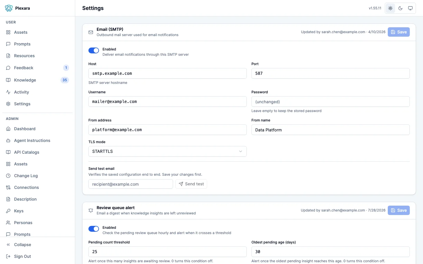 The admin Settings screen with an Email section at the top, showing an Enabled toggle, the outbound delivery fields, a From address and From name, a Send test email row with a recipient field and Send test button, and a Review queue alert section beneath it with a pending count threshold and an oldest pending age in days