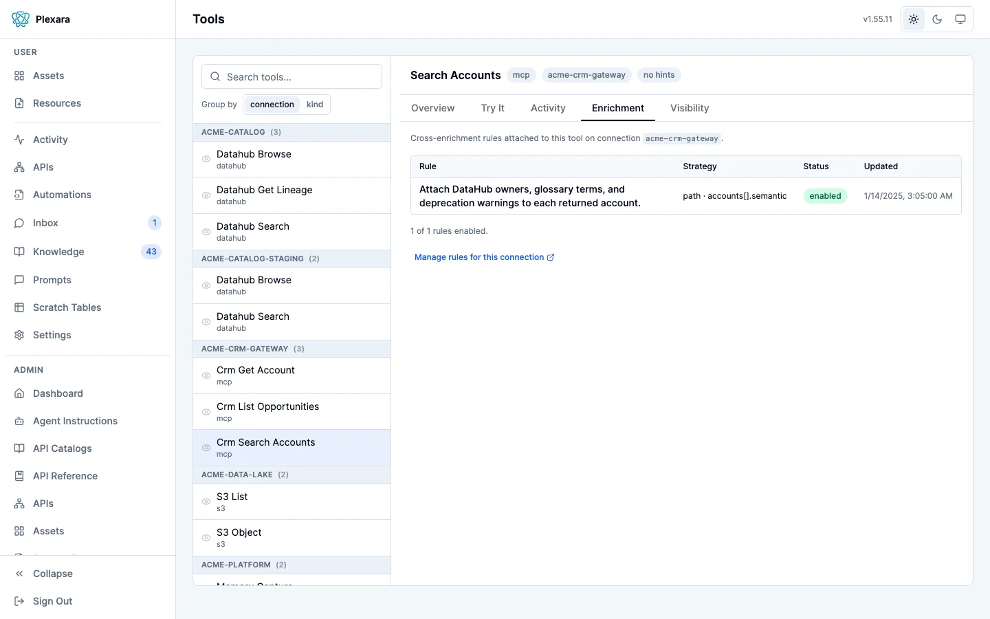 The Enrichment tab for a CRM Search Accounts tool in the Tools admin screen, listing one enabled rule that attaches DataHub owners, glossary terms, and deprecation warnings to each returned account, with its strategy, status, and last updated date