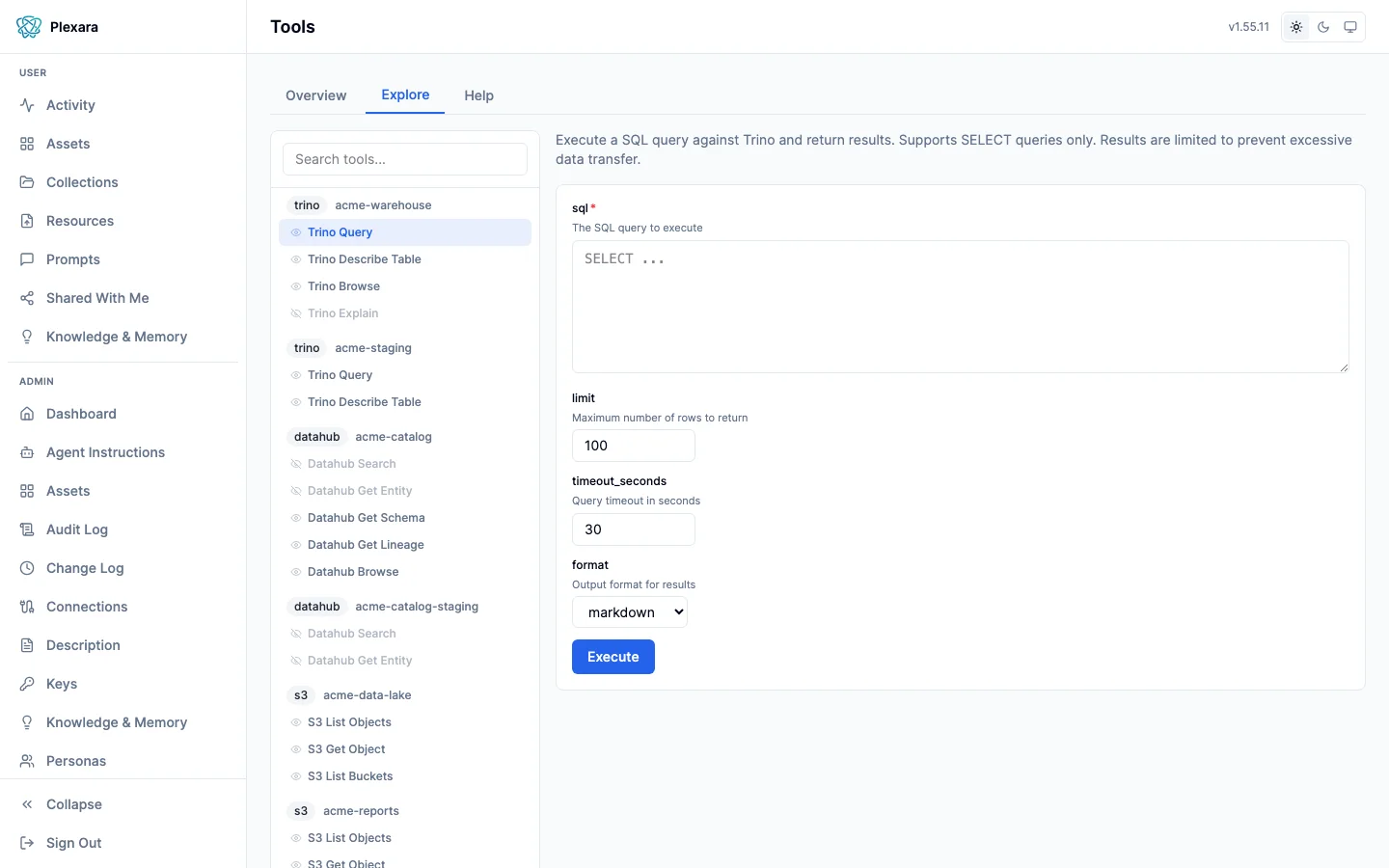 Interactive tool explorer with Trino Query selected showing parameters and execute button