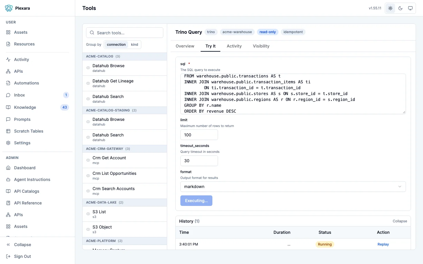 The Try It tab for the Trino Query tool in the Tools admin screen, with a SQL text area, limit, timeout, and output format fields, an Execute button, and an empty History panel reading no test calls yet