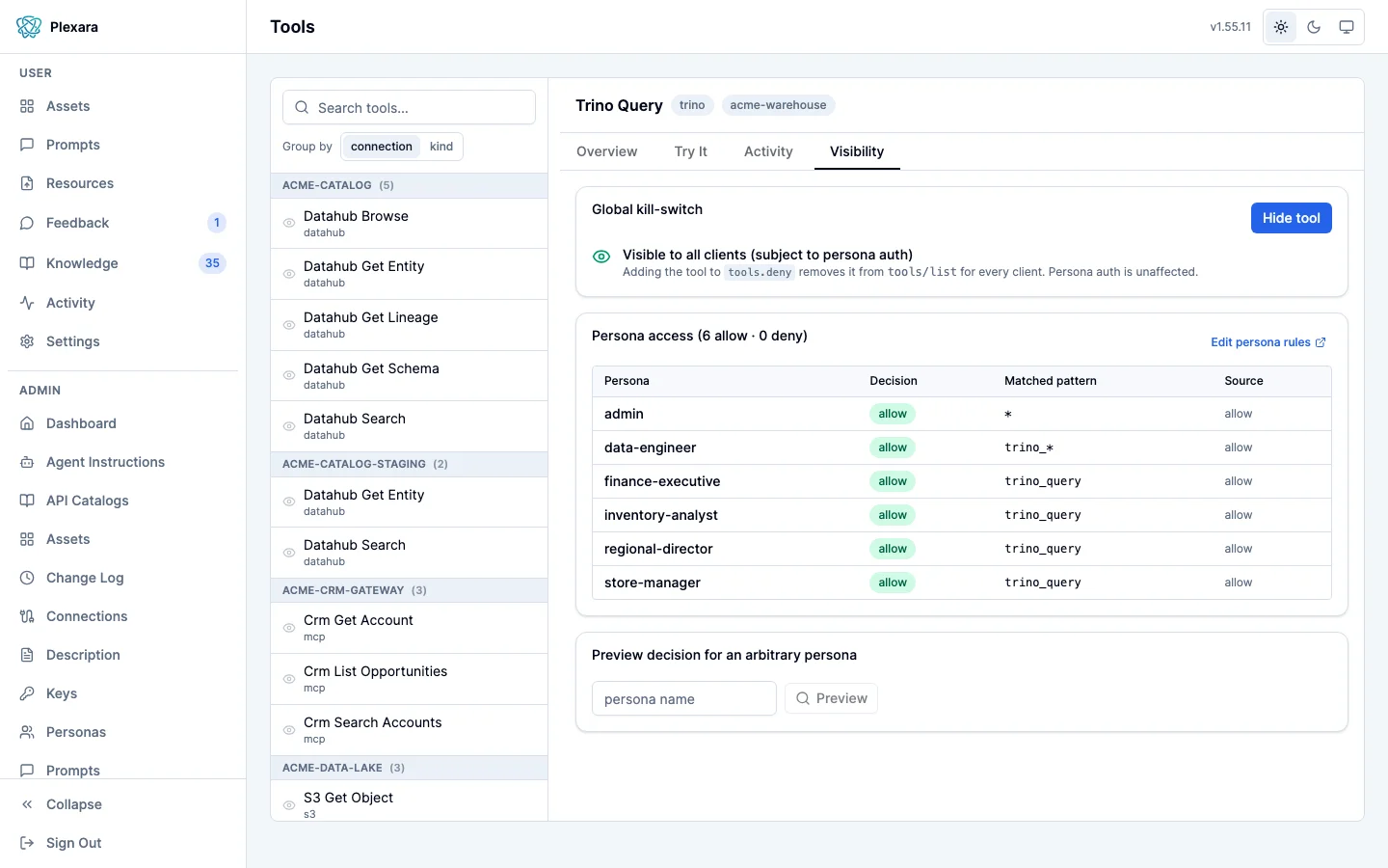 Tool visibility tab with a platform-wide deny toggle and a per-persona access preview