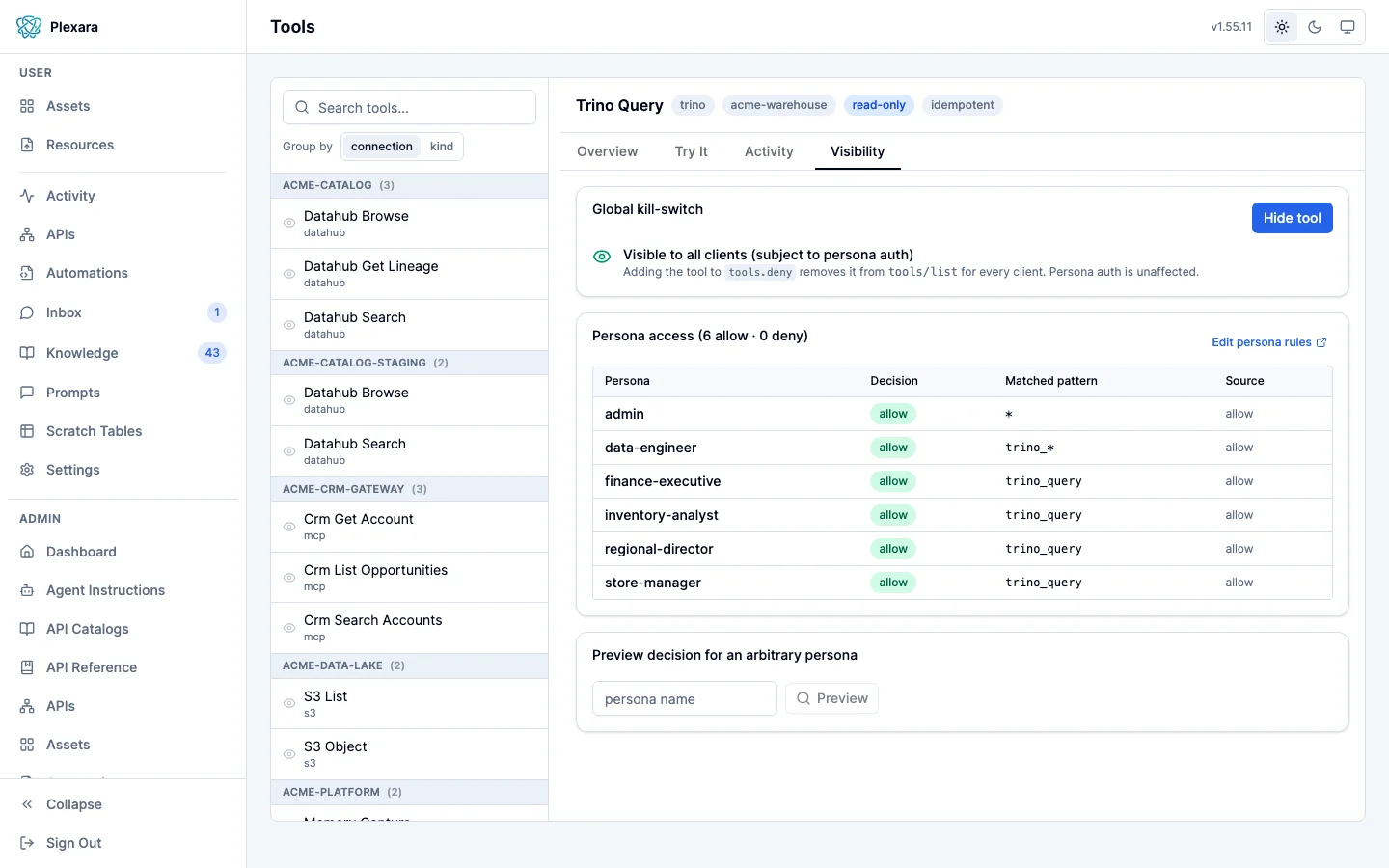 The Visibility tab for the Trino Query tool in the Tools admin screen, with a global kill-switch card, a Persona access table listing each persona's decision and matched pattern, and a field to preview the decision for any persona name
