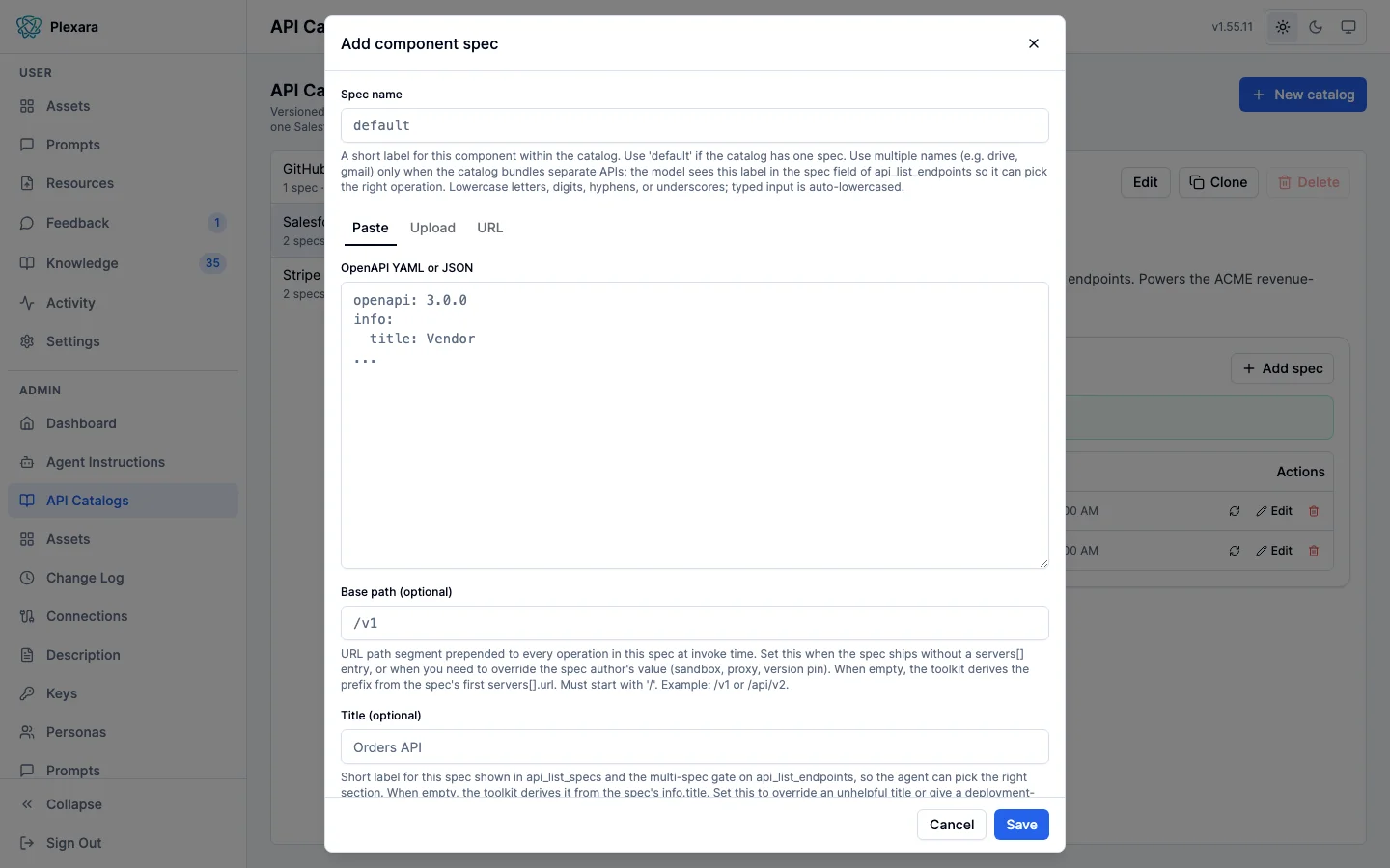 The Add component spec dialog, with a spec name field, Paste, Upload, and URL tabs for supplying the API documentation, a text area holding the start of an OpenAPI document, an optional base path, an optional title, and Cancel and Save buttons