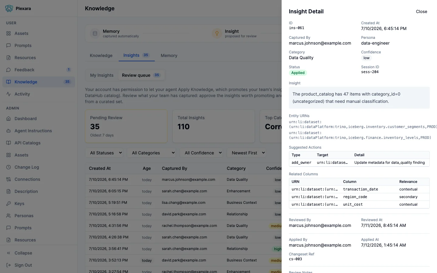 Insight review detail with metadata, entity references, and approve and promote actions