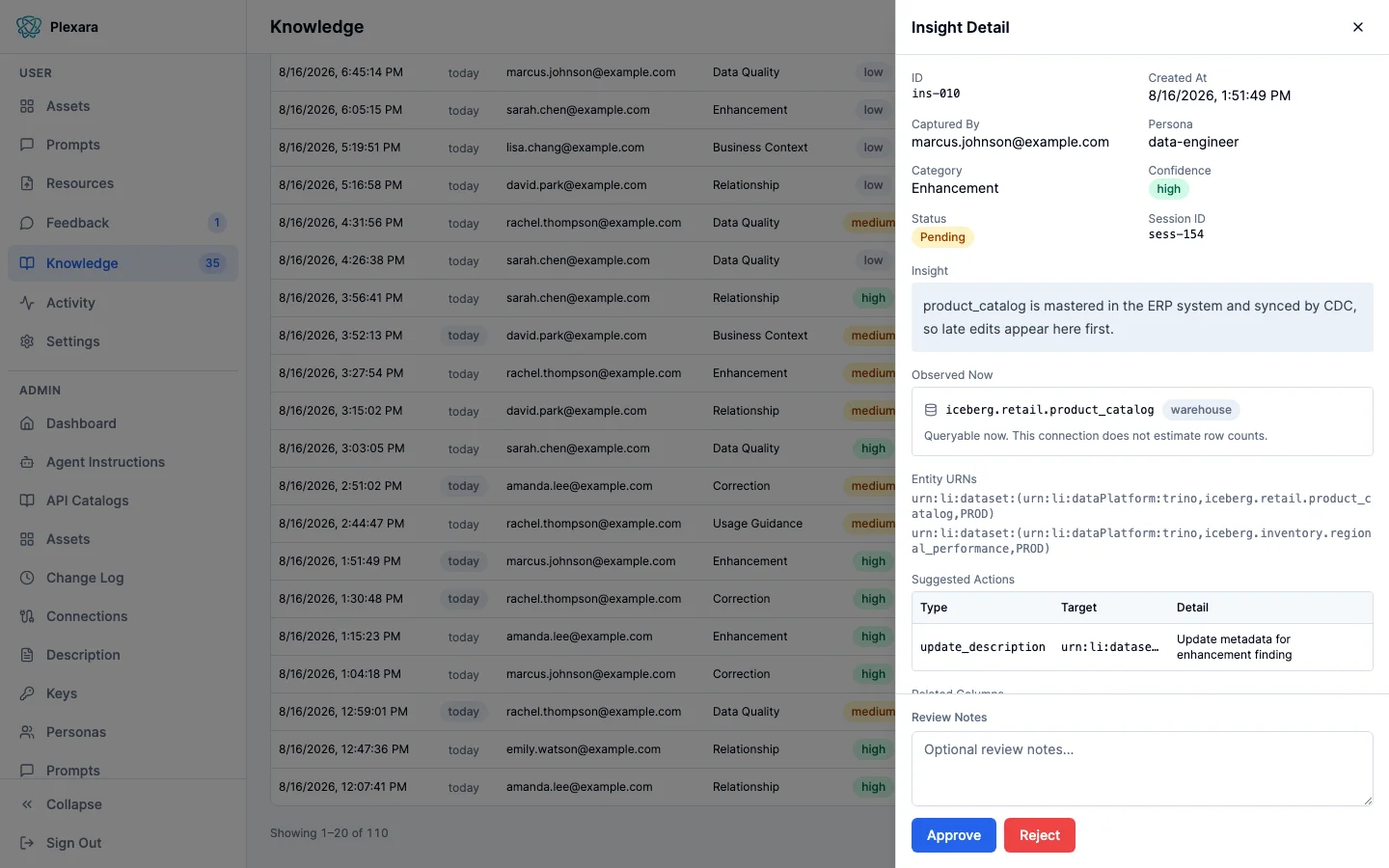 An Insight Detail panel for a pending enhancement about a product catalog table, where the Observed Now card confirms the table is queryable now but notes that this connection does not estimate row counts