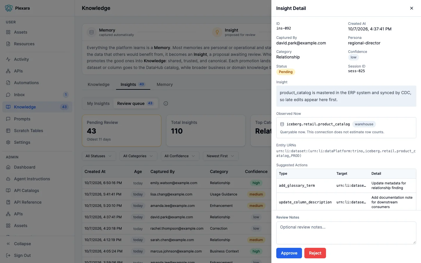 An Insight Detail panel for a pending enhancement about a product catalog table, where the Observed Now card confirms the table is queryable now but notes that this connection does not estimate row counts