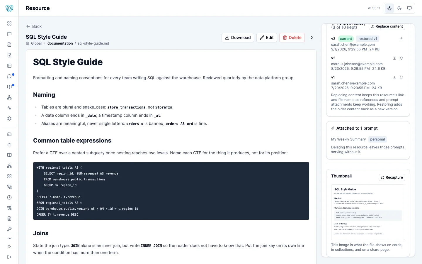 The SQL Style Guide resource dialog scrolled past its preview to three panels: Usage, showing 46 reads in 30 days and 118 in 90 days split into agent reads, search fetches, and portal downloads; Version history, listing v3 as current and restored from v1, v2, and v1 with download and restore controls and a Replace content button; and an Attached to 1 prompt panel, with Download, Edit, and Delete actions along the bottom