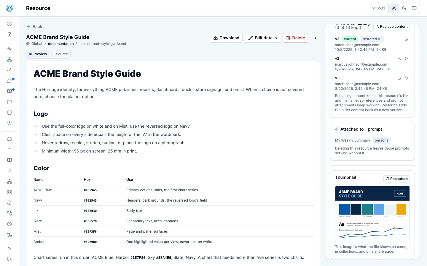 The ACME Brand Style Guide resource page with its side panel scrolled to the lifecycle panels: Version history listing v3 as current and restored from v1, then v2 and v1 with download and restore controls, a Replace content button, and a note on what replacing and restoring do; an Attached to 1 prompt panel; and a Thumbnail panel with a Recapture control, beside the rendered preview with Download, Edit details, and Delete