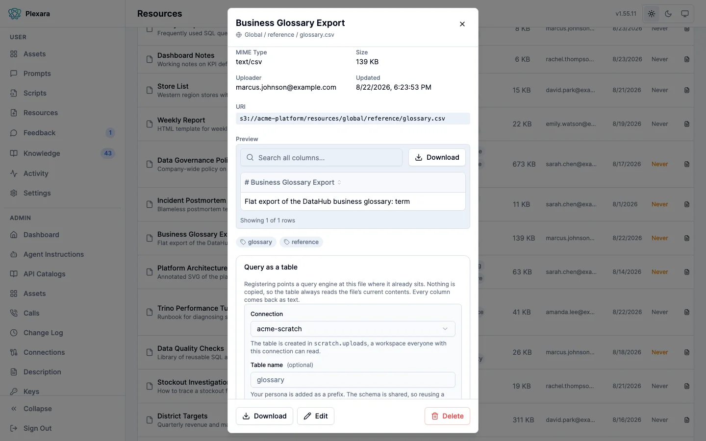 The register form on a CSV resource in the Plexara portal, with a connection picker, an optional table name, and an explanation that the schema is shared