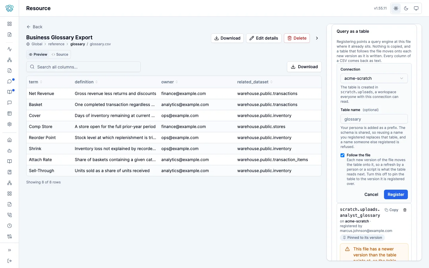 The Query as a table panel on a CSV resource page, with a connection selector, an optional table name field, and a Register button, above a list of the tables already registered over the file and their columns.
