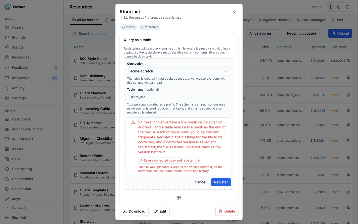 Plexara resource dialog refusing to register a CSV whose cells contain line breaks, naming the affected rows and offering a one-control correction