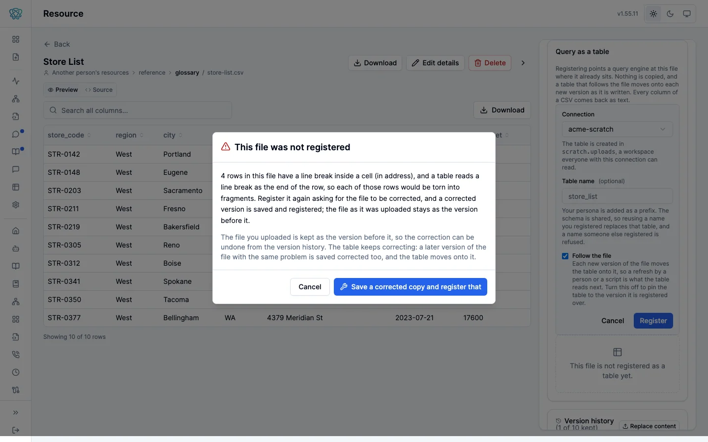 The Query as a table panel refusing a CSV that cannot be read as a table, stating what is wrong with the file and offering a Save a corrected copy and register that control.