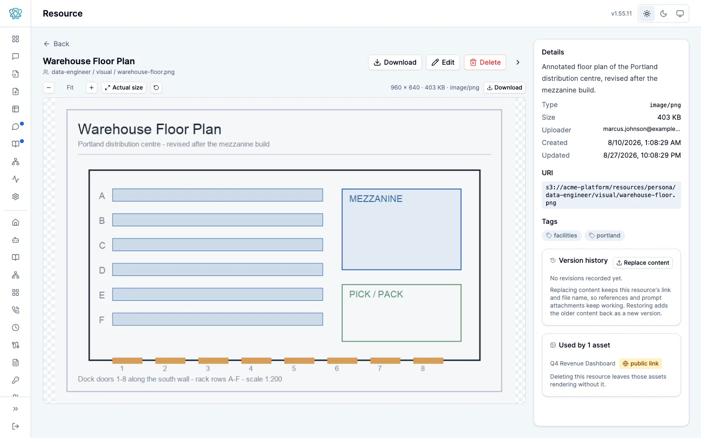 A managed resource’s page in the portal: the file’s details and version history, with the Used by section listing the assets whose content references the file.