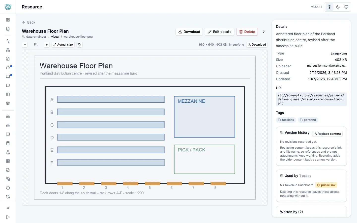 A managed resource’s page in the portal: the file’s details and version history, with the Used by section listing the assets whose content references the file.