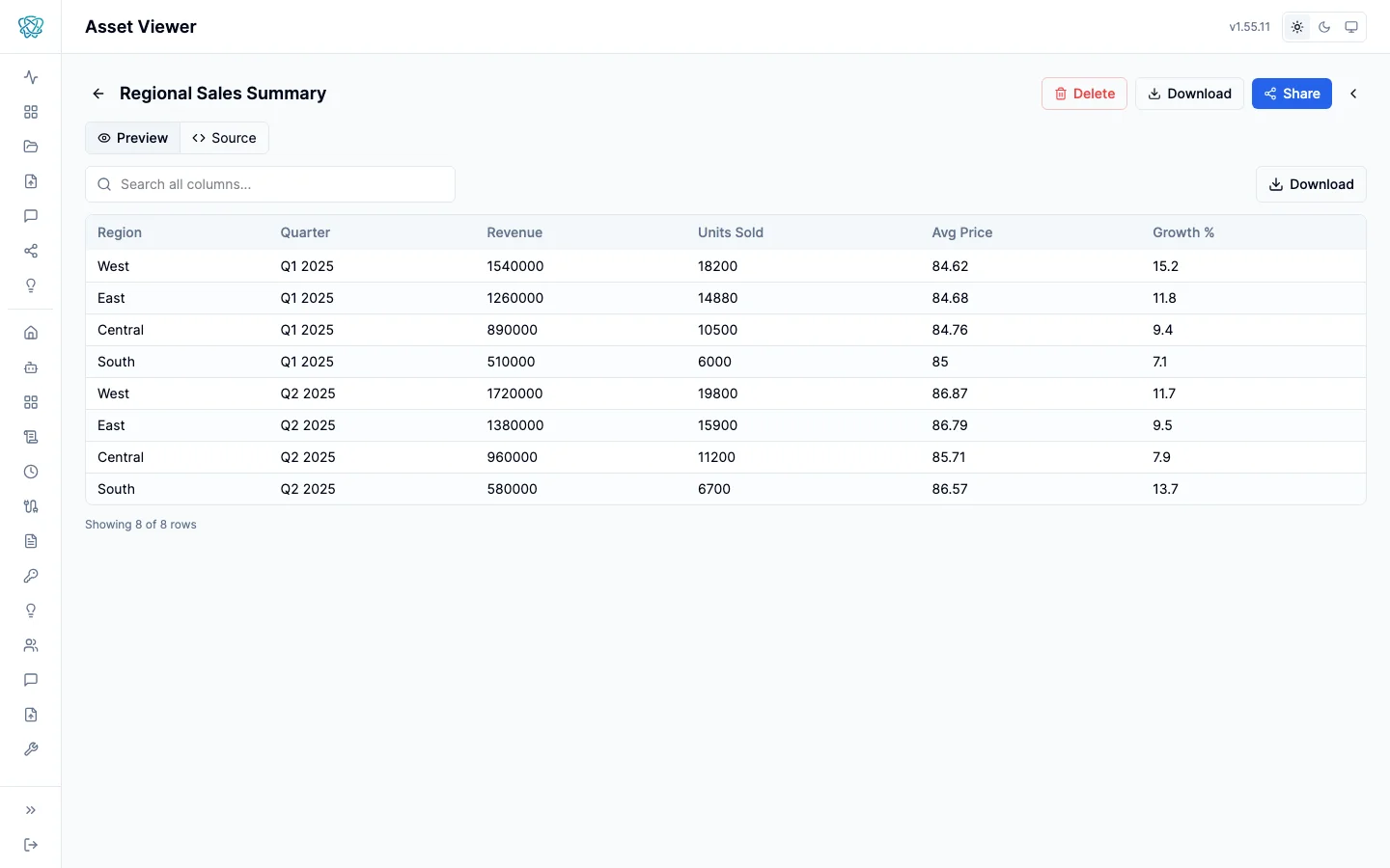 CSV asset preview with tabular data