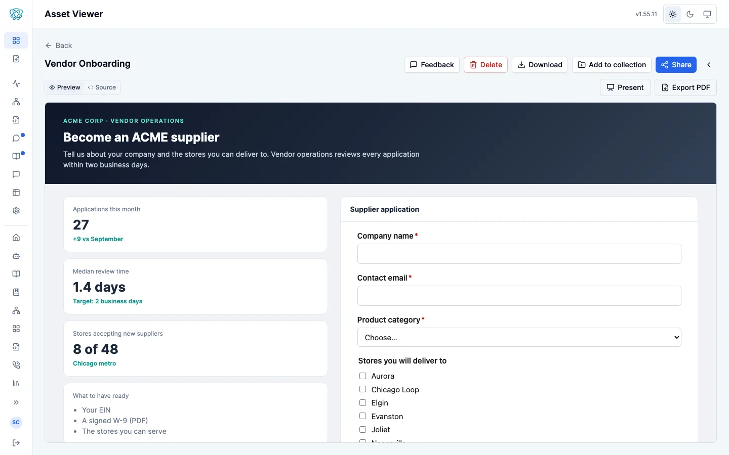 An HTML asset in the portal's Asset Viewer titled Vendor Onboarding: a dark header reading Become an ACME supplier, figure tiles for applications this month, median review time and stores accepting new suppliers, and the supplier application form embedded in the right column.