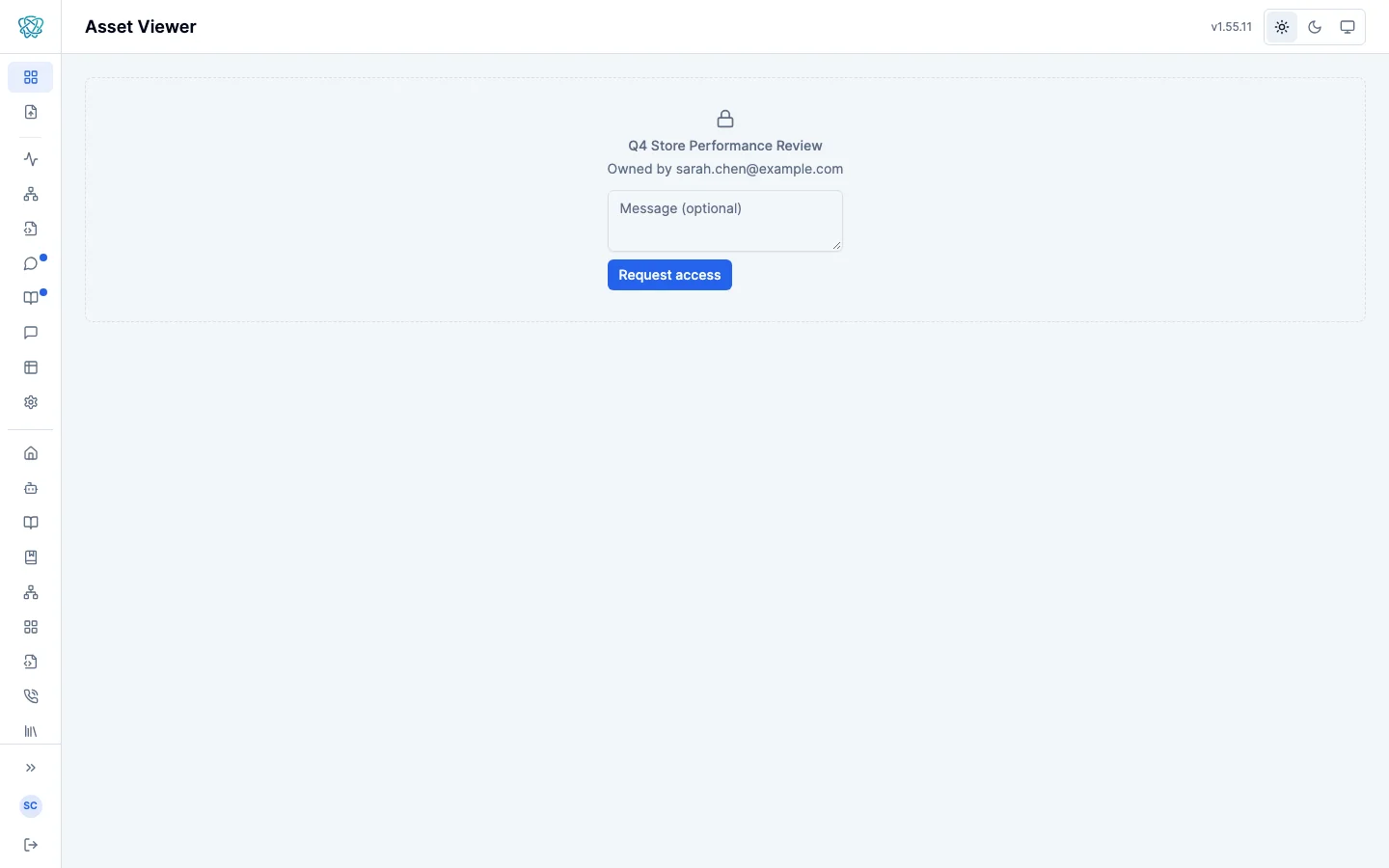 The page a signed-in person sees for an item they cannot open: a lock icon, the item's name, who owns it, an optional message box, and a Request access button.