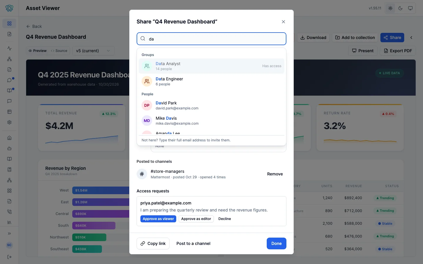 The Share dialog with two letters typed in Add people or groups: a Groups section listing two personas with their member counts, one marked Has access, a People section listing directory matches, and a footer saying to type a full email address to invite someone not listed.