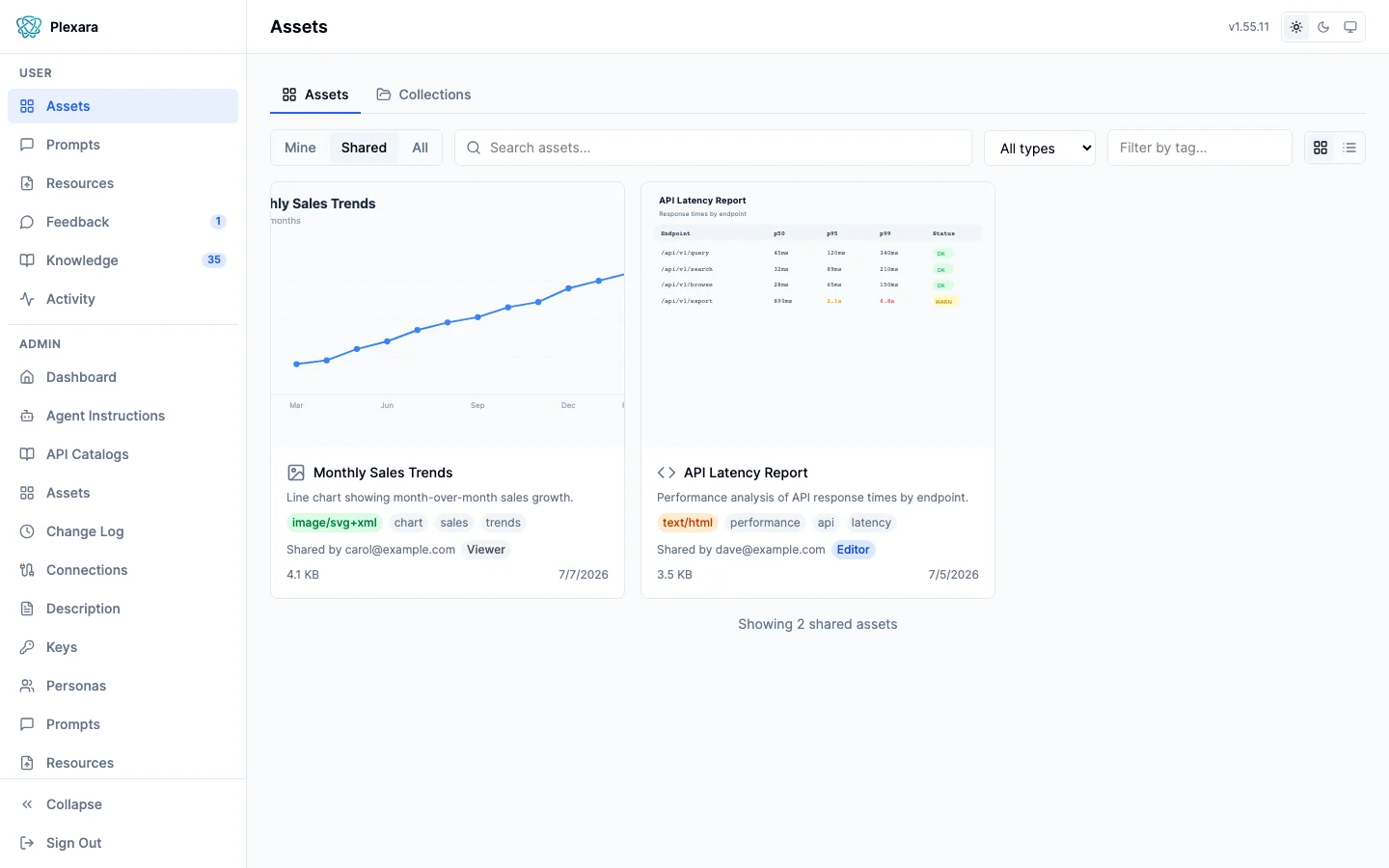 Assets page with the Shared filter active, showing sharer email and viewer or editor access
