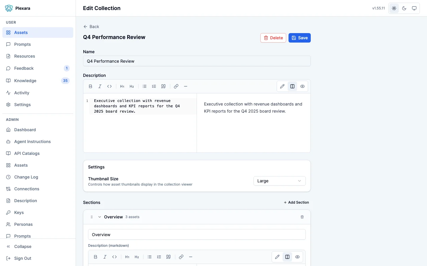 The Edit Collection page for Q4 Performance Review with a Name field, a markdown Description editor with side-by-side preview, a Settings card with a Thumbnail Size picker, and a Sections list showing an Overview section holding three assets, with an Add Section button.
